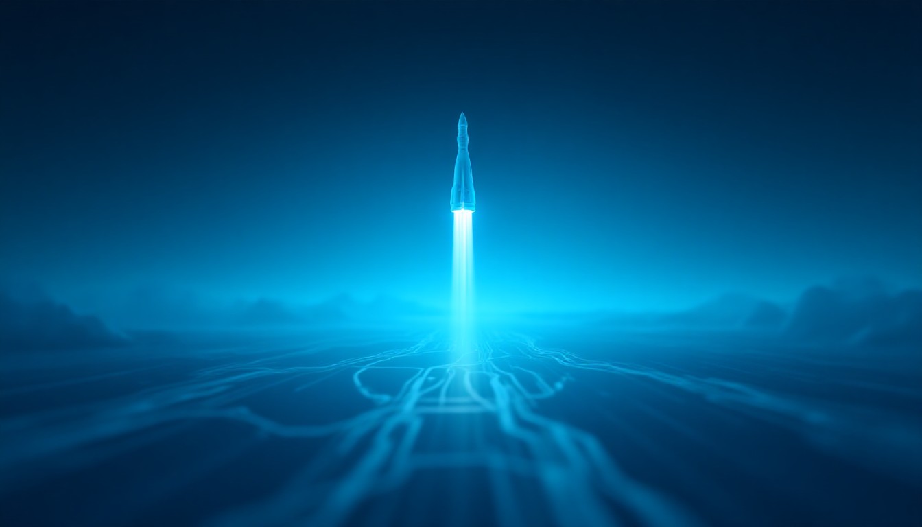 Sleek circuitry and rocket silhouettes merging under a digital sky