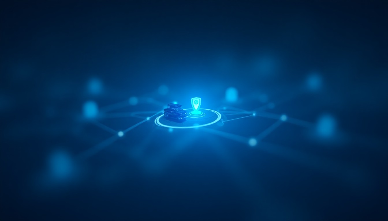 A glowing network node connecting AI, electric truck, and shield symbols in abstract tech layout