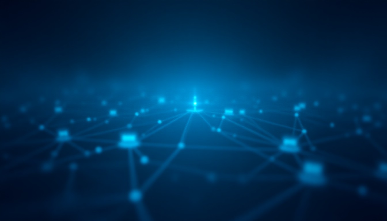 Abstract network of connected devices glowing with data flows and warning signals