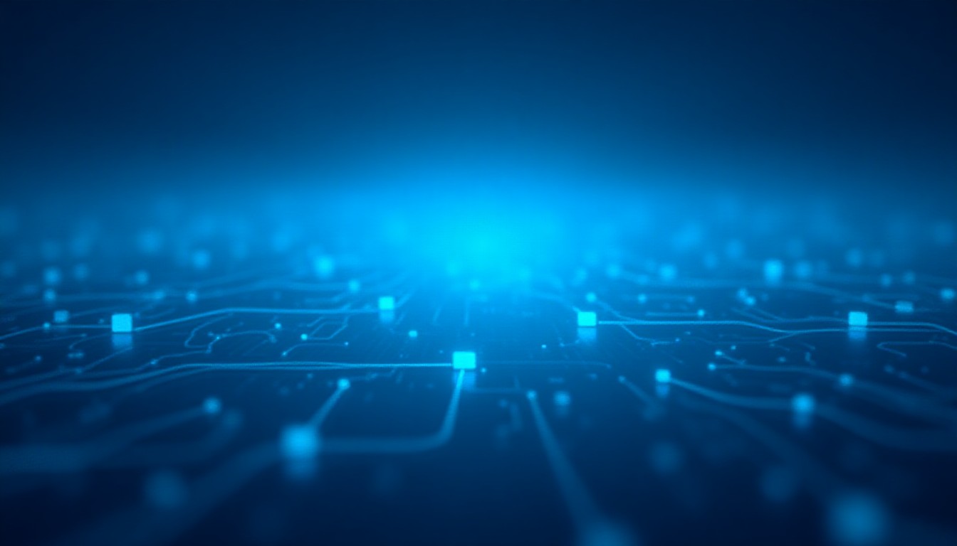 A stylized network of glowing circuitry and data streams over a city skyline
