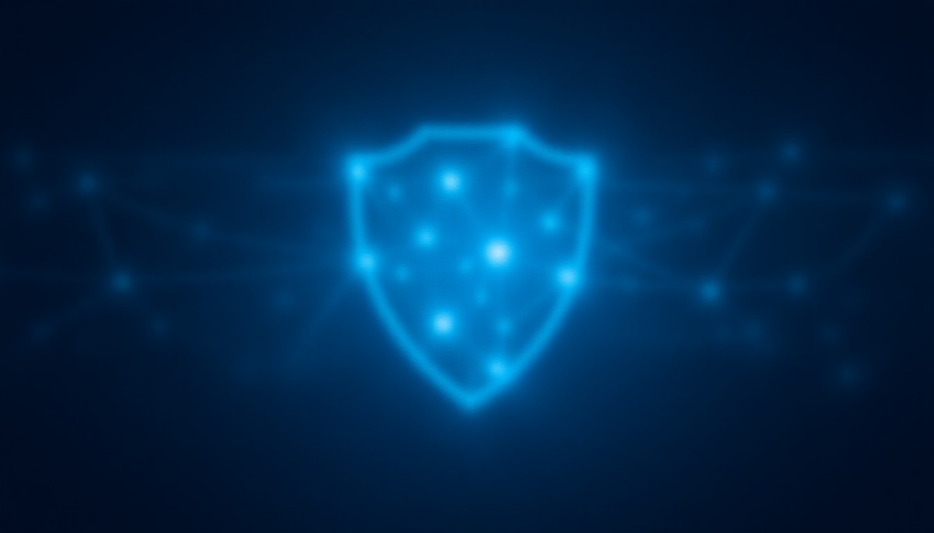 An abstract digital network with glowing nodes forming a shield, representing AI security and data protection