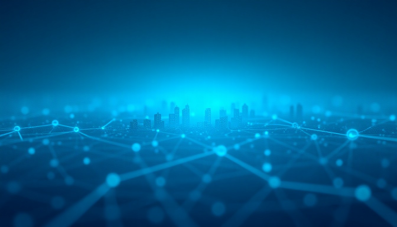 abstract digital network mesh over city skyline