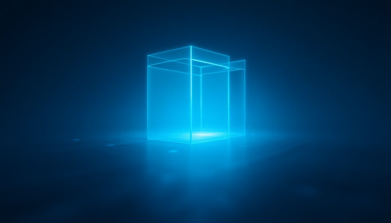 Abstract glowing circuit pathways escaping a glass containment cube into a dark networked landscape