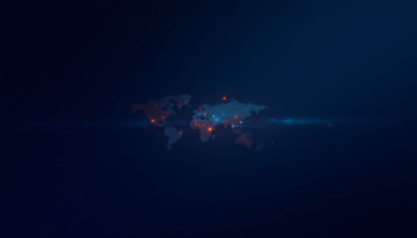 abstract geometric shapes suggesting data flow, rocket trajectory, and silicon wafer patterns in deep blue and orange gradients