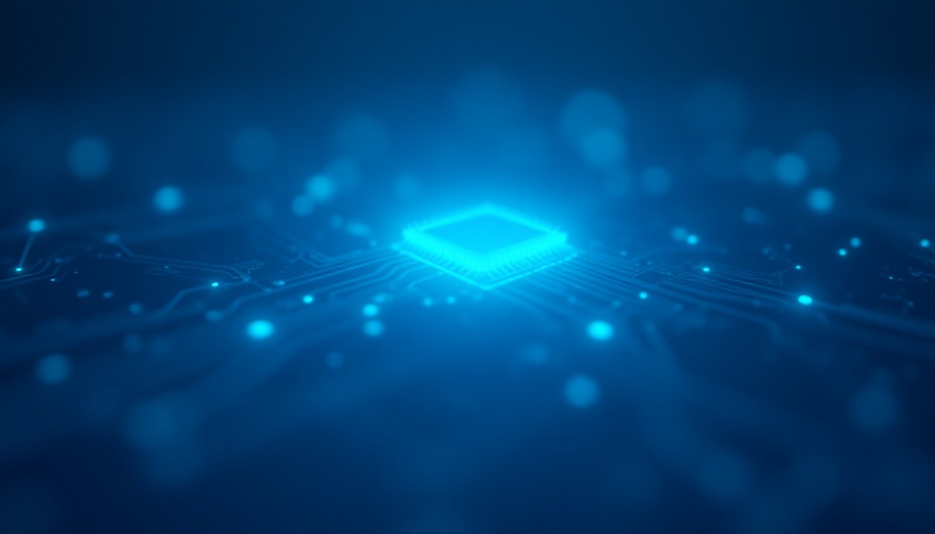 An abstract circuit board glowing with interconnected nodes representing AI chip demand and network security