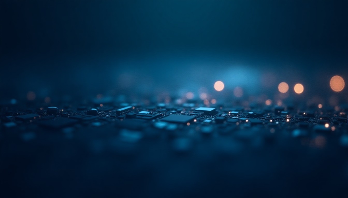 Abstract geometric circuit patterns dissolving into scattered fragments over a dark gradient, cool blue and amber tones