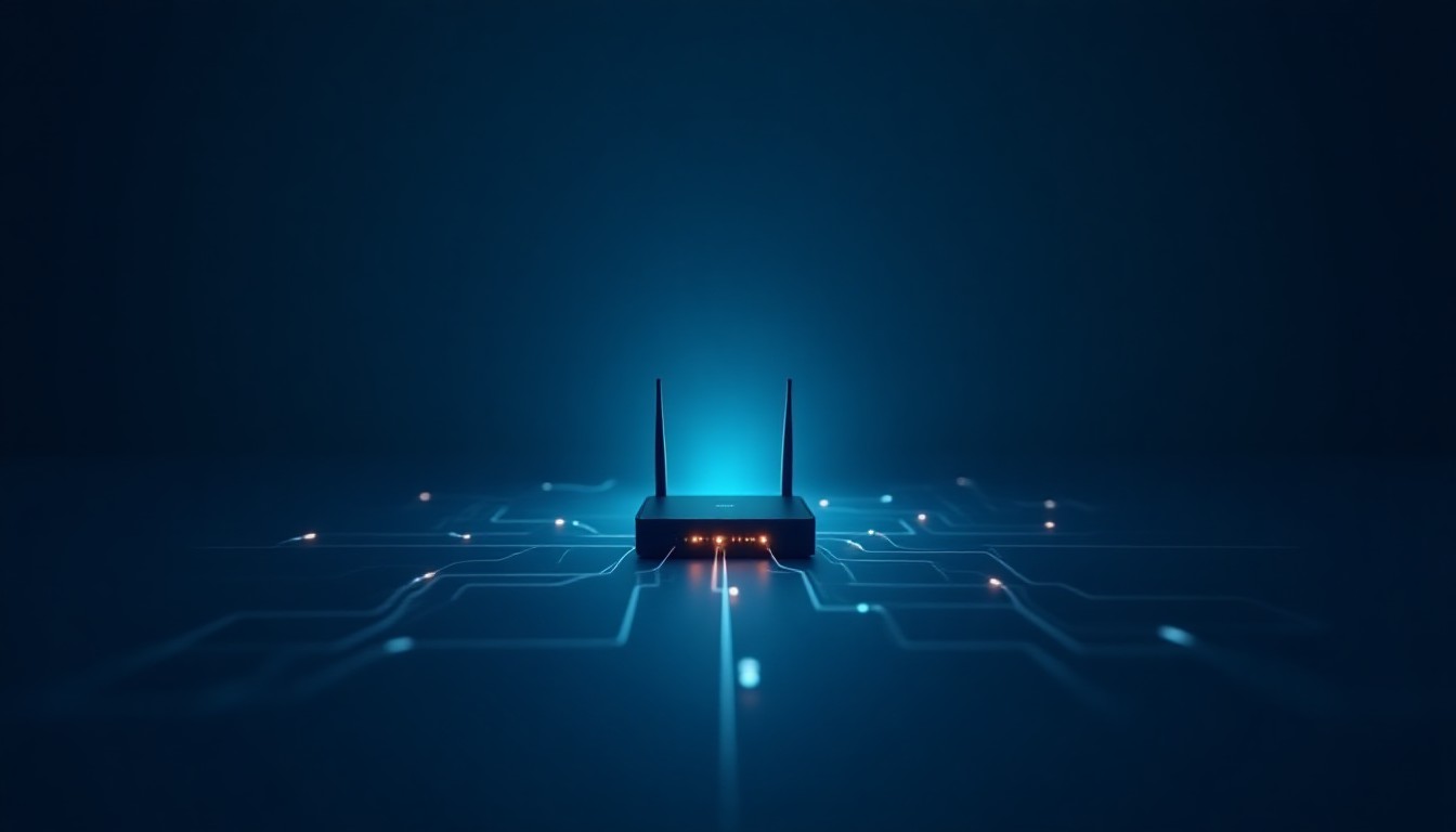 Glowing circuit threads spreading from a small home router into household objects, warm ambient light