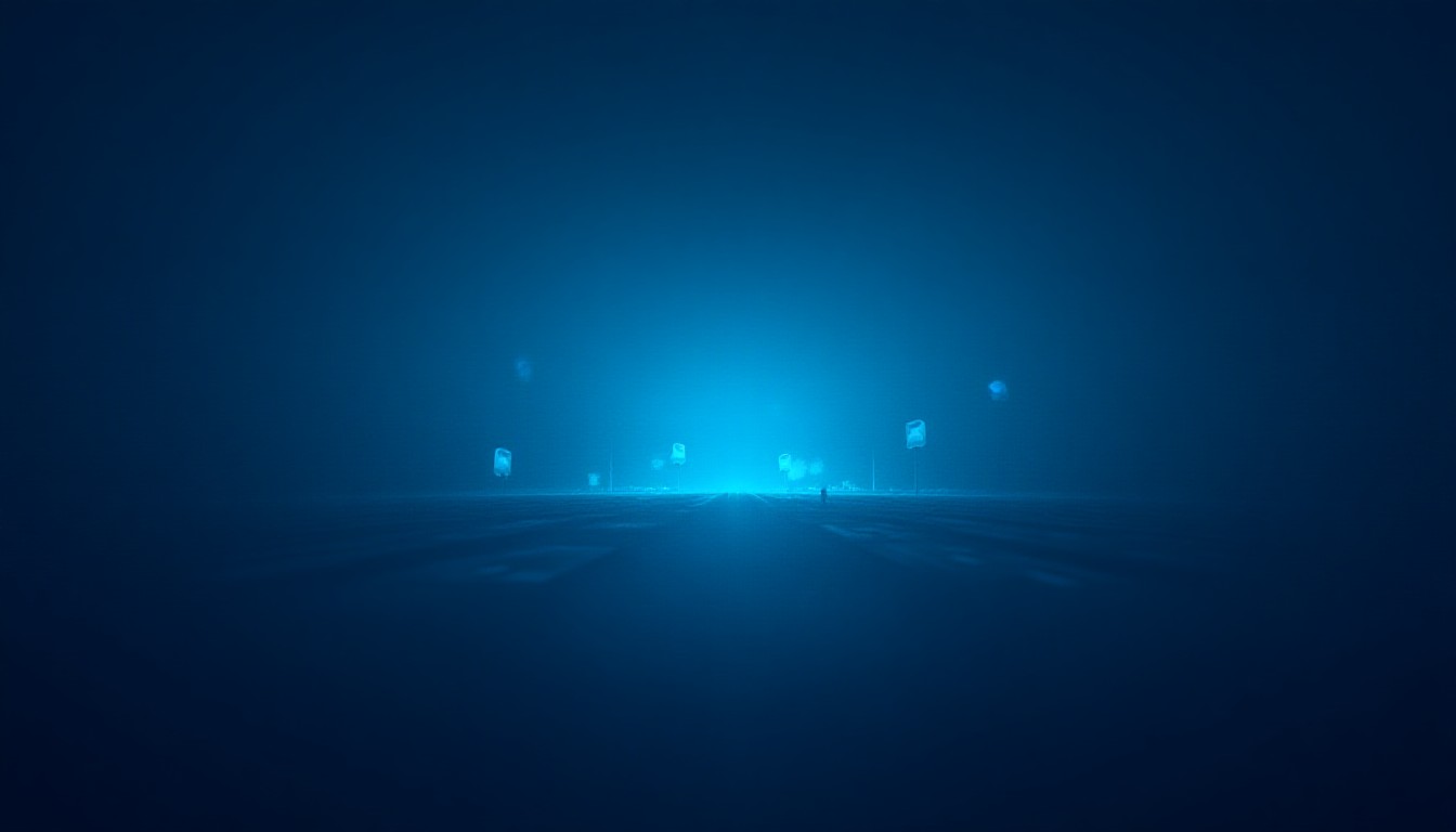 Abstract network of shield nodes pulsing over a city grid at night, with subtle vehicle silhouettes and a school building outline