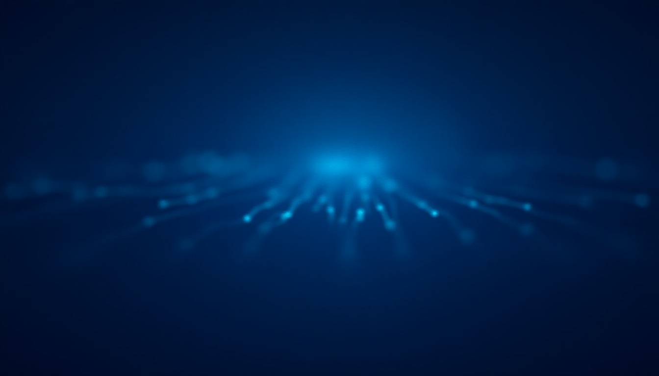 abstract circuit patterns with glowing nodes and data streams in dark blue and silver