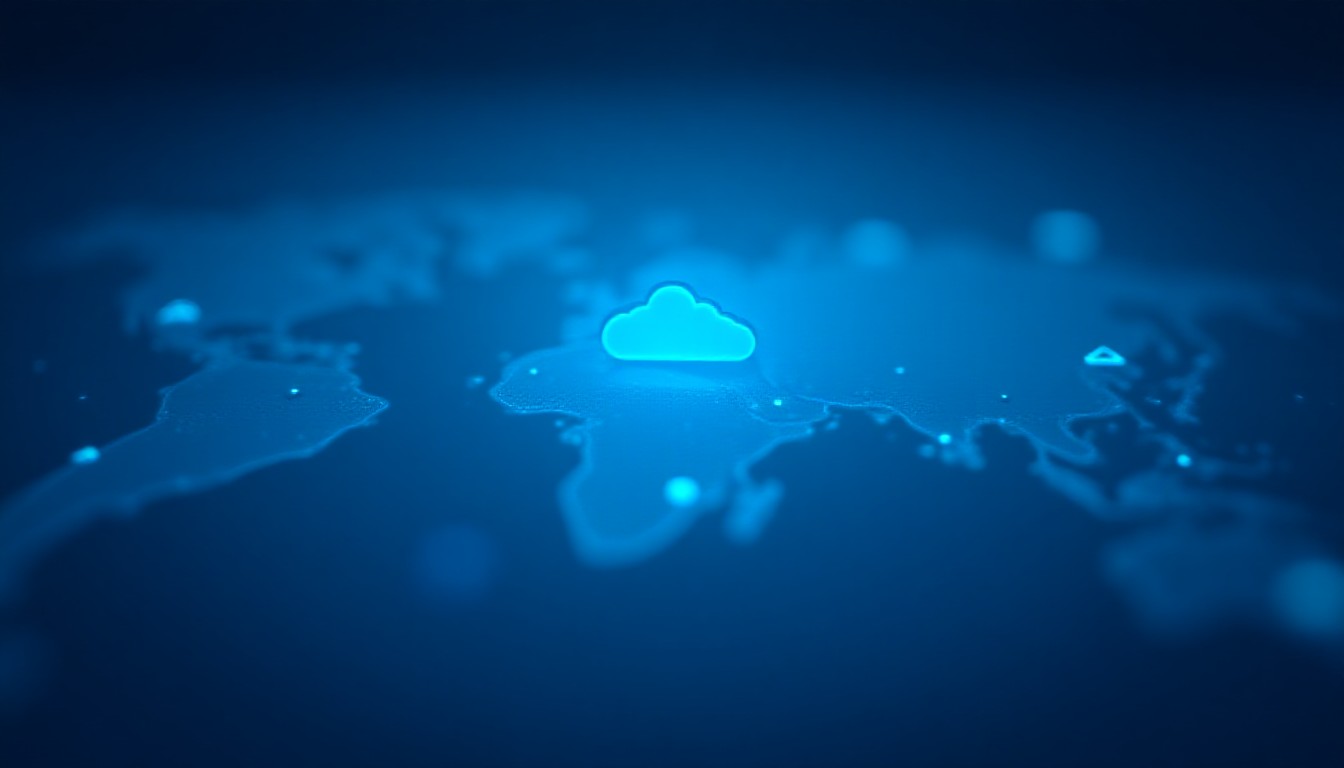 abstract network of glowing circuits intersecting with robotic silhouettes and cloud symbols