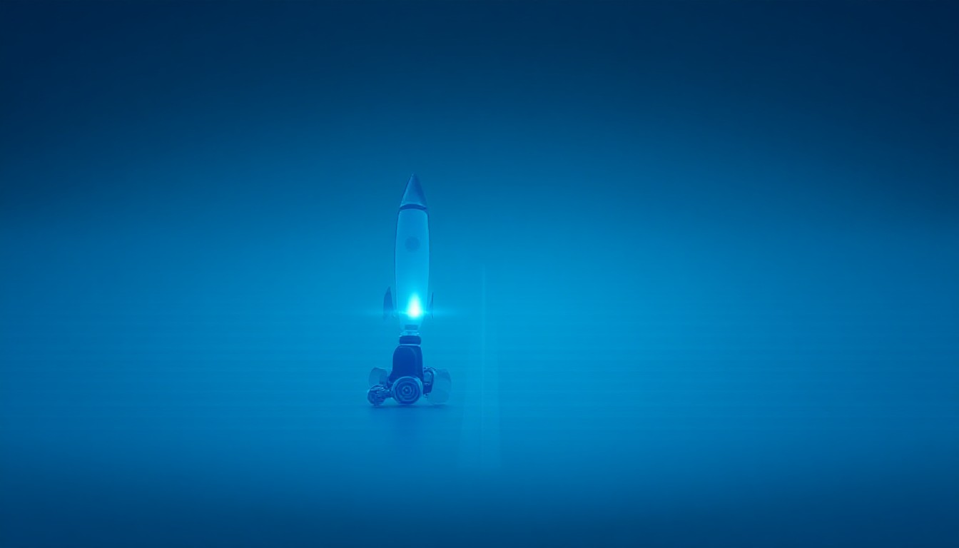 Abstract lines of code, robotic wheels, and a stylized rocket against a digital backdrop