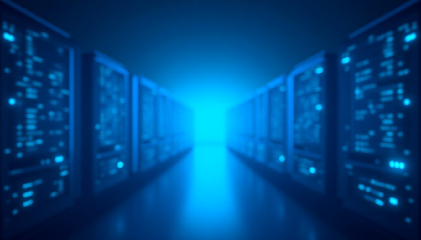 glowing server racks against a night cityscape