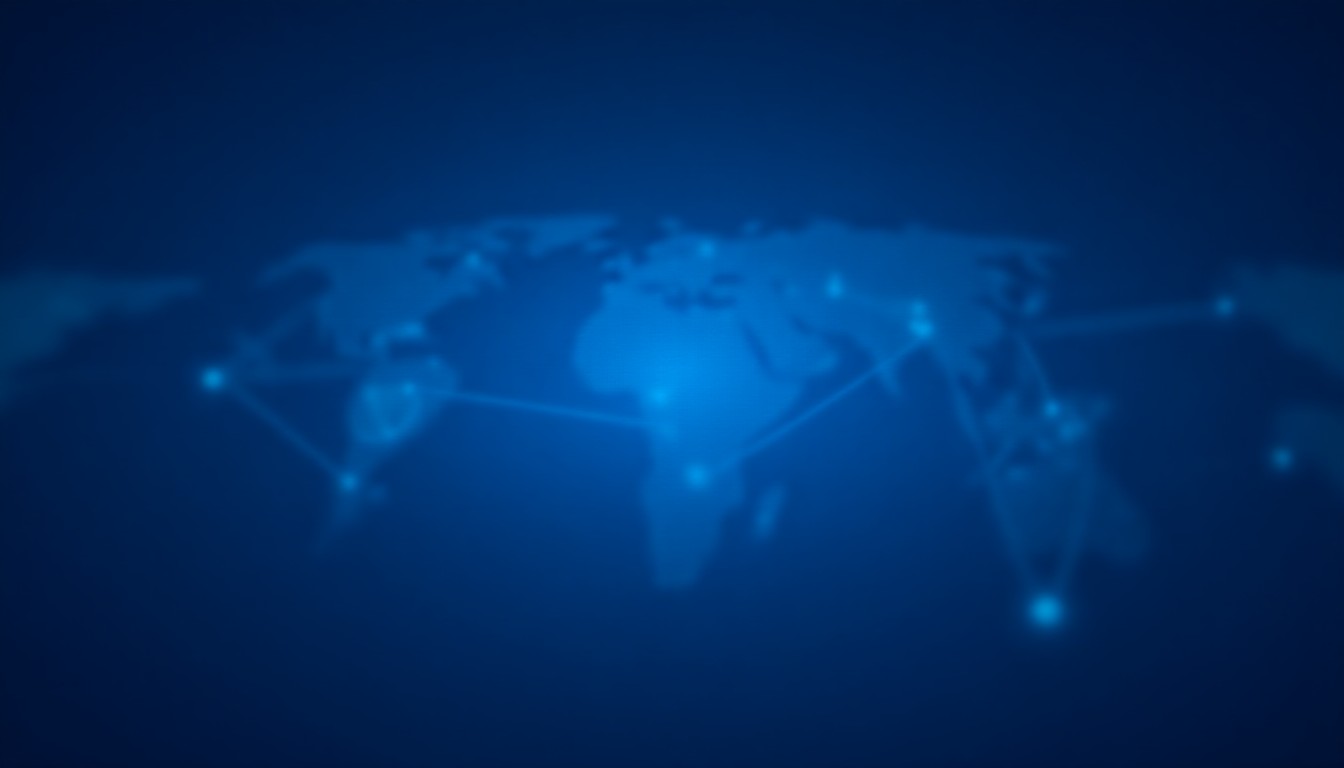 Abstract network nodes connecting shield symbols and AI circuit patterns in soft blue and silver tones