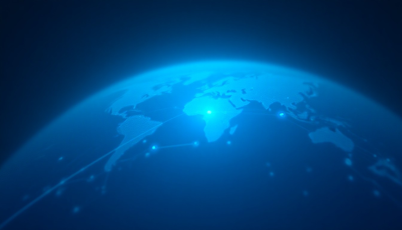 Neon circuit pathways converging over a globe silhouette