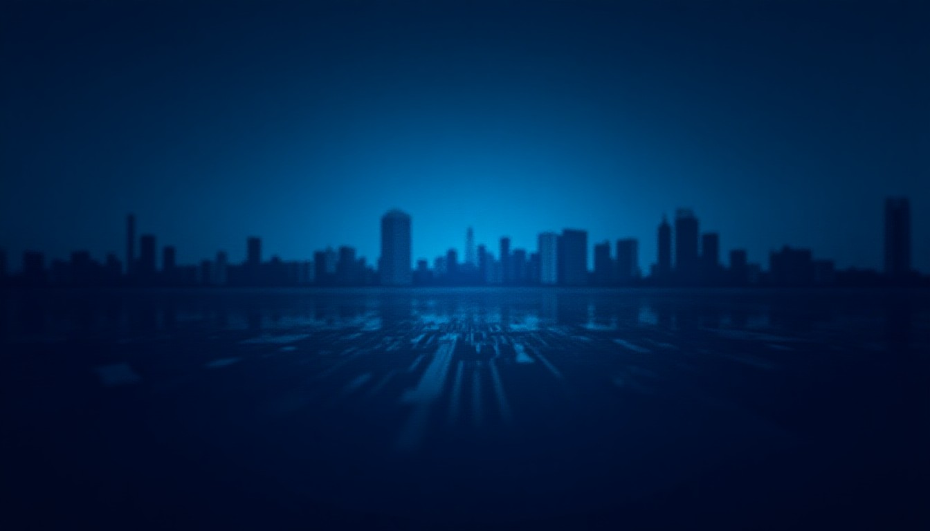 A stylized circuit board merging into a city skyline at dusk
