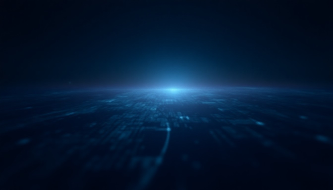 Abstract glowing circuit patterns and orbital rings over a dark horizon, soft blue and amber light