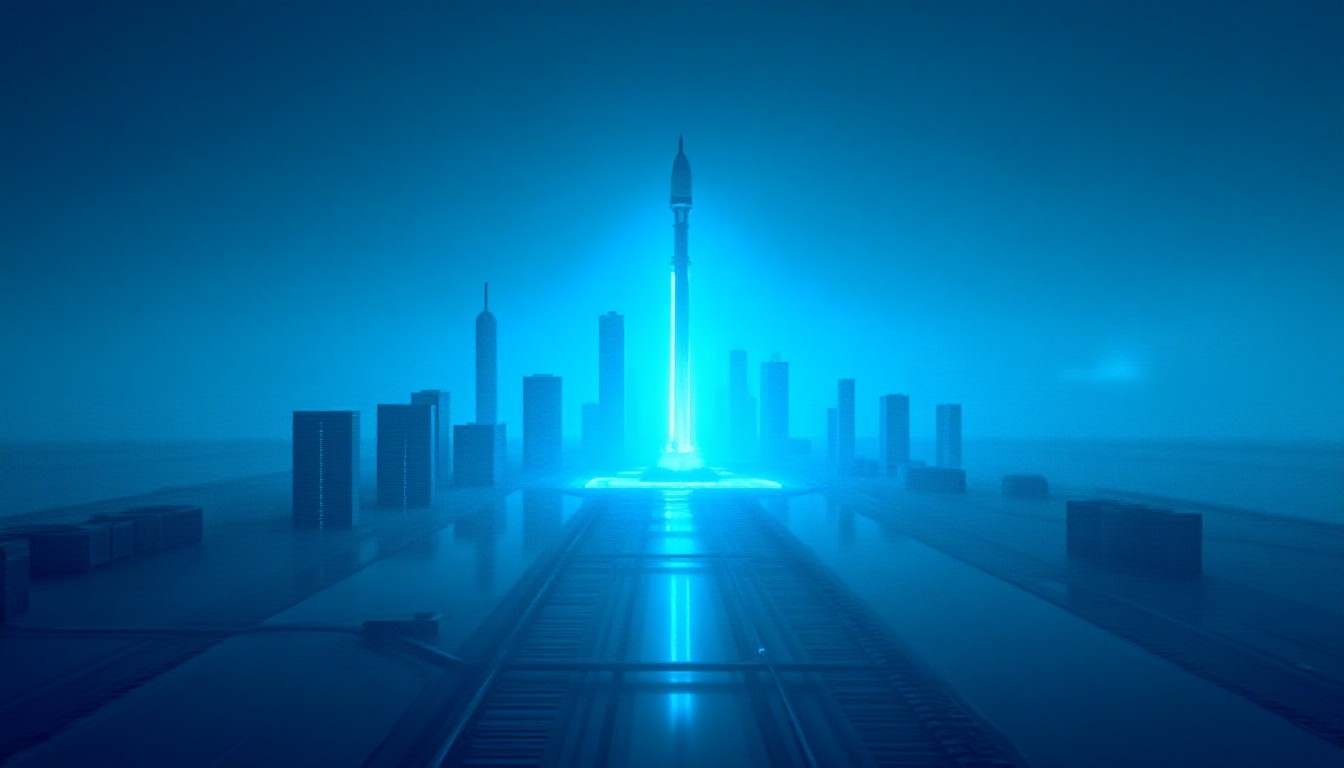 Massive server farms beside rocket launch complexes under shimmering skies