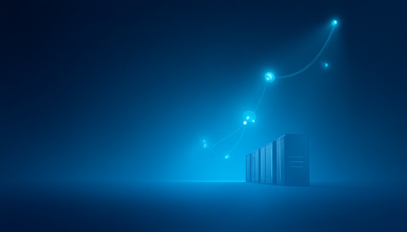 Abstract representation of damaged server racks beside a rising rocket trajectory with satellite dots