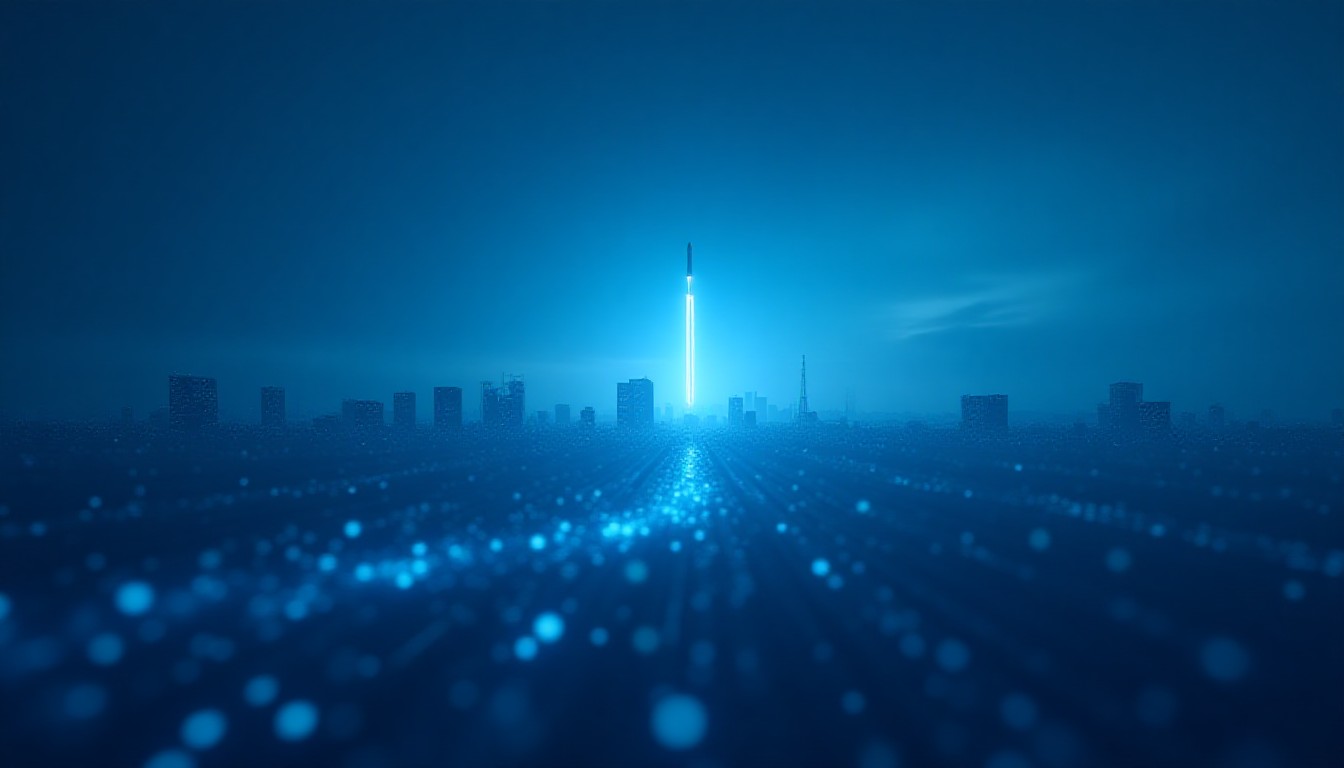 Abstract glowing data streams flowing between a dark city skyline and a distant rocket trail at dusk