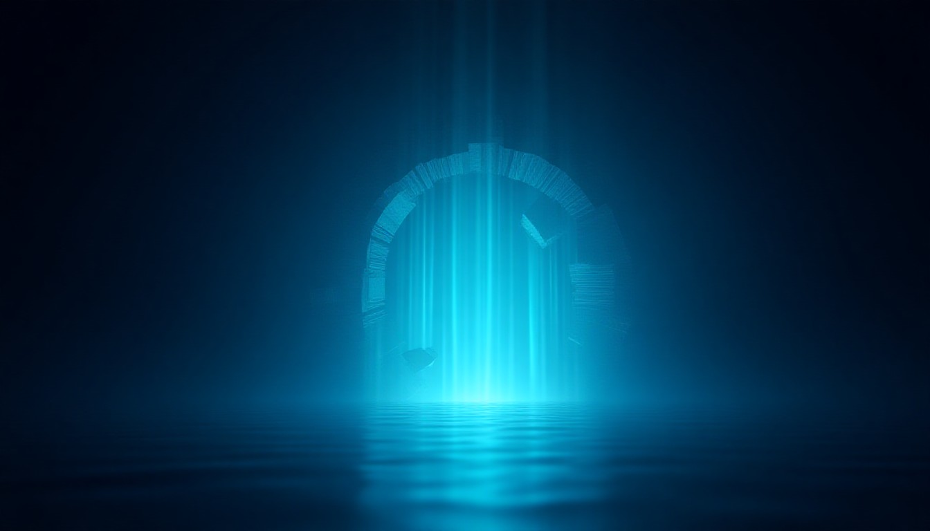 Abstract glowing digital vault cracking open with streams of light escaping into dark water