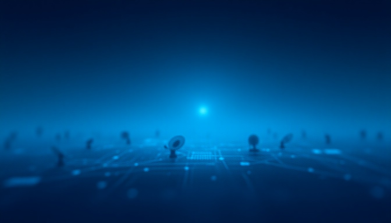 collage of satellite dishes, glowing battery icons and AI circuit patterns over a dark horizon