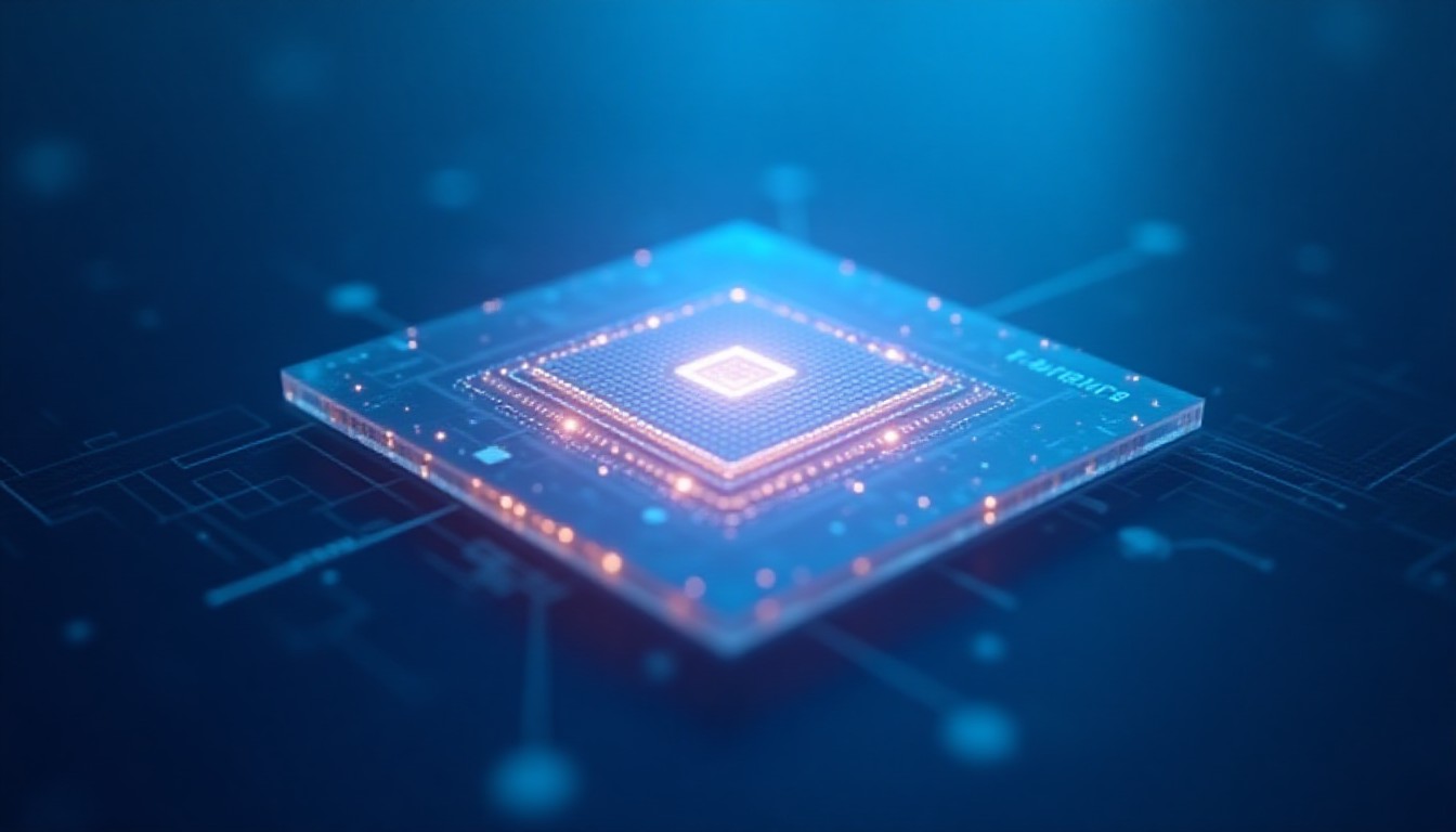 Glowing semiconductor wafer with layered geometric patterns under soft blue and amber light