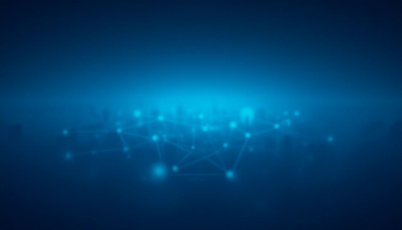 Abstract network nodes glowing over a city skyline