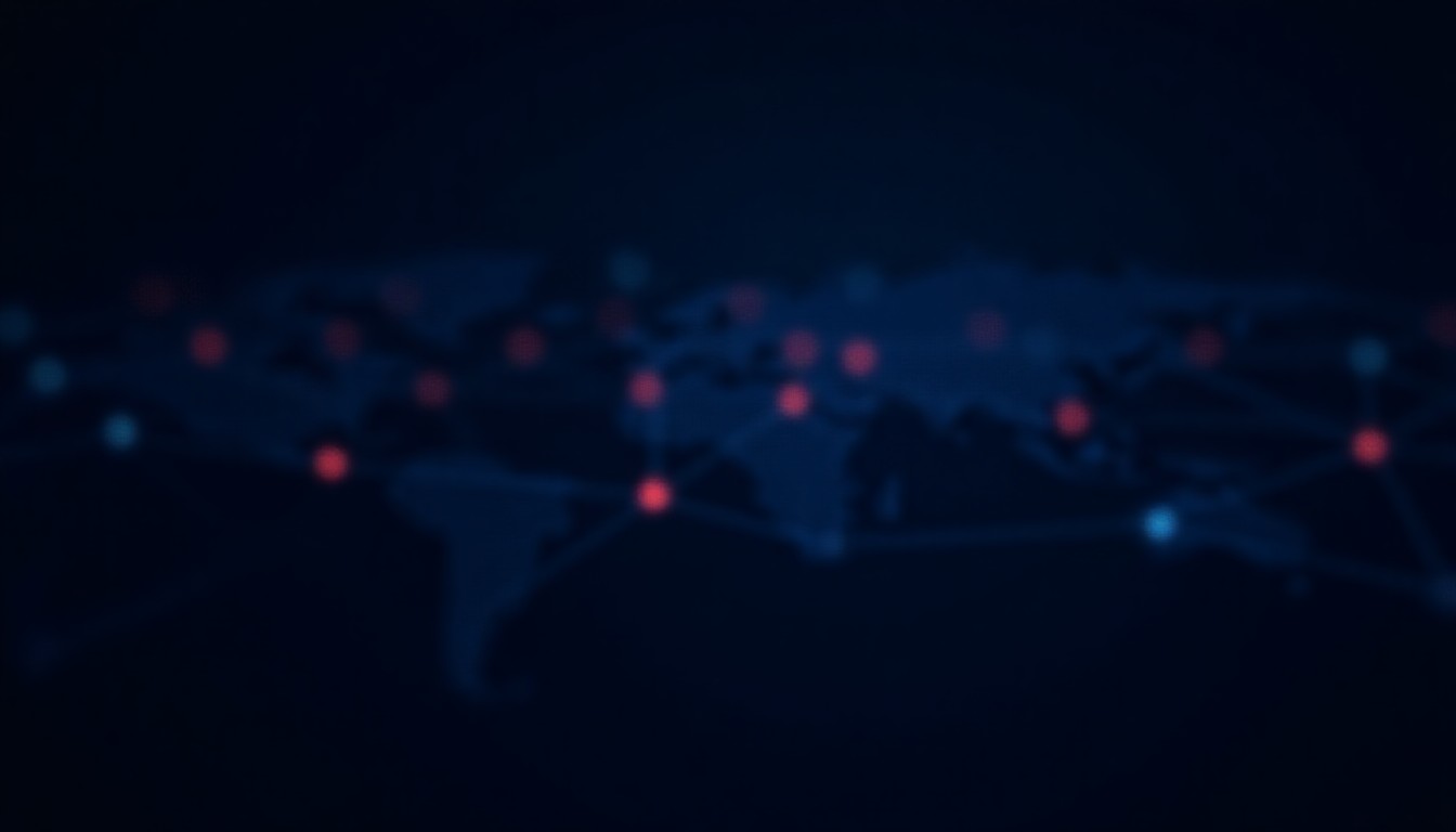 Abstract network nodes pulsing with red alert signals against dark technical grid background