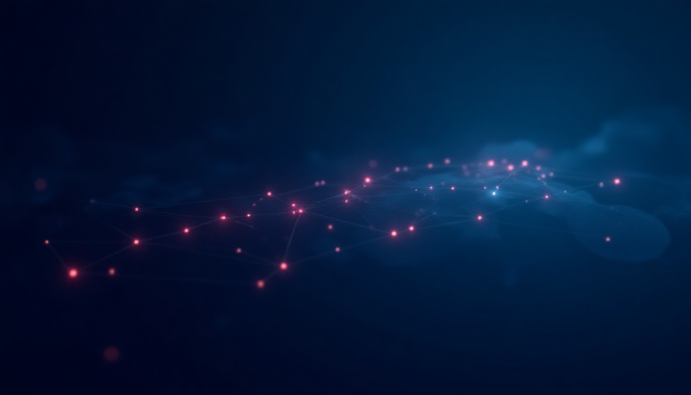 Abstract network nodes glowing red alongside rocket trajectory and satellite constellation