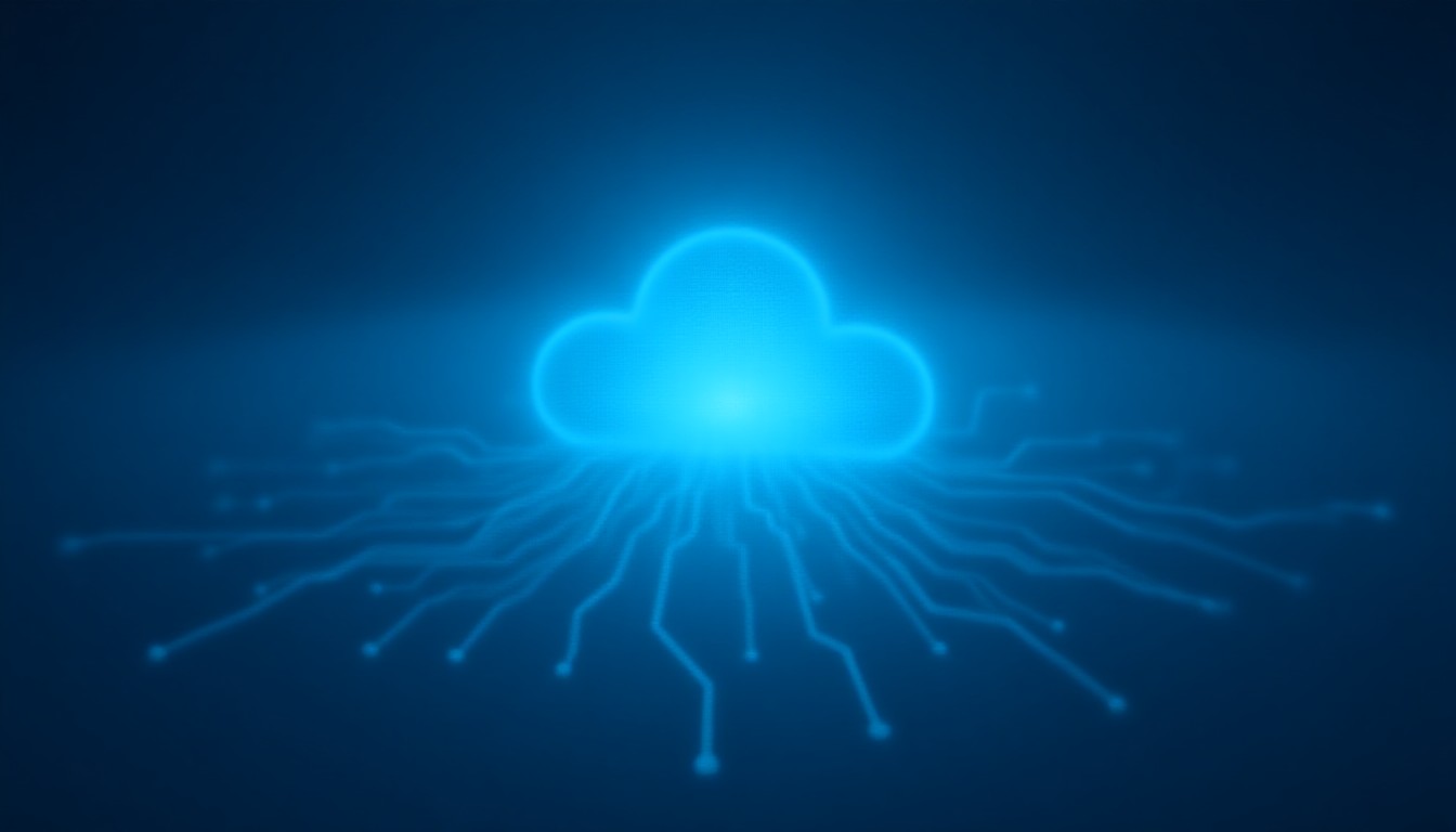 Abstract digital circuitry swirling around a glowing data cloud