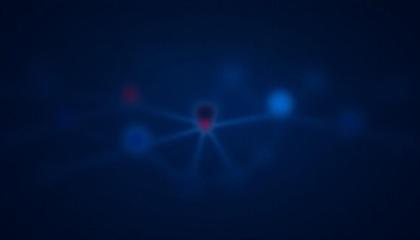 Abstract network nodes pulsing with red alerts amid shield icons and data streams