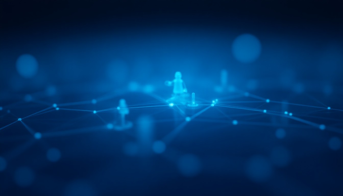 An abstract digital network with glowing nodes and waves, showing connections between satellites, robots, and shielded chips