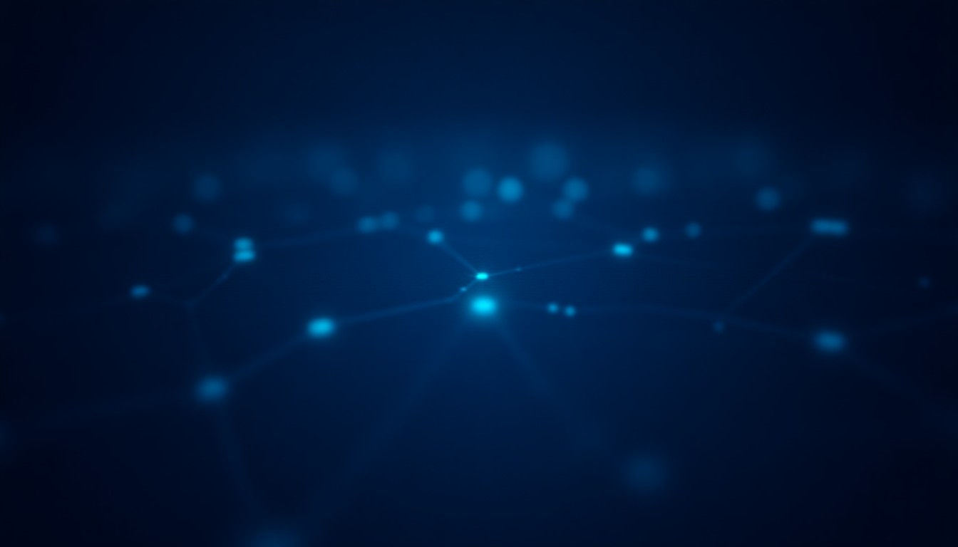 An abstract circuit board pattern with interconnected nodes glowing in blue and white, suggesting data flow and AI networks