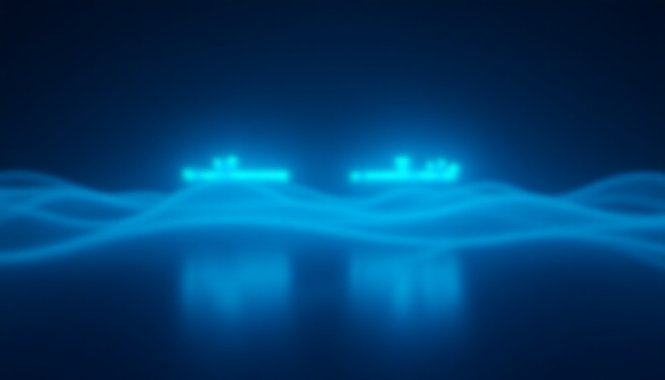 Abstract dark seascape with two glowing geometric vessel shapes facing each other above digital waves