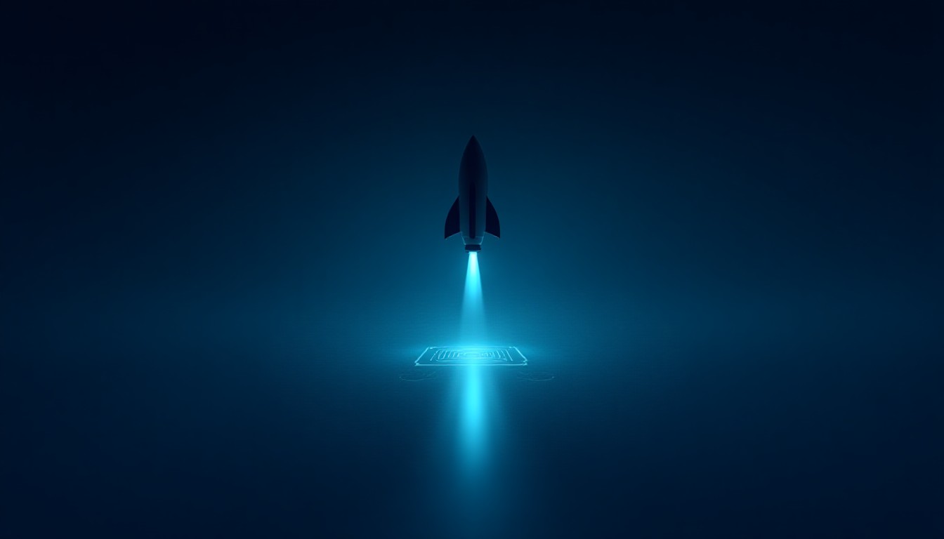A rocket lifting off beside a circuit board morphing into a neural network, with faint drone silhouettes overhead