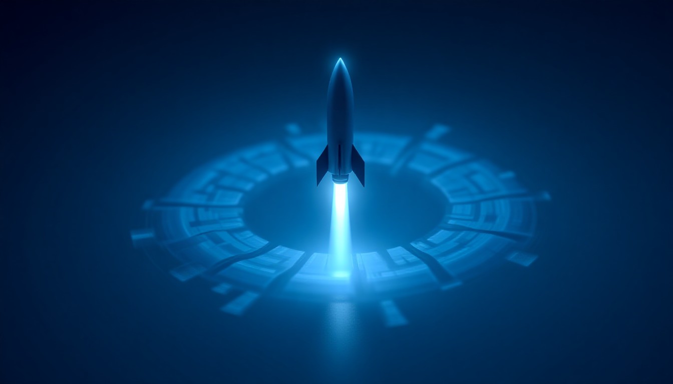 A rocket ascending through stylized data streams toward a fractured blockchain ring