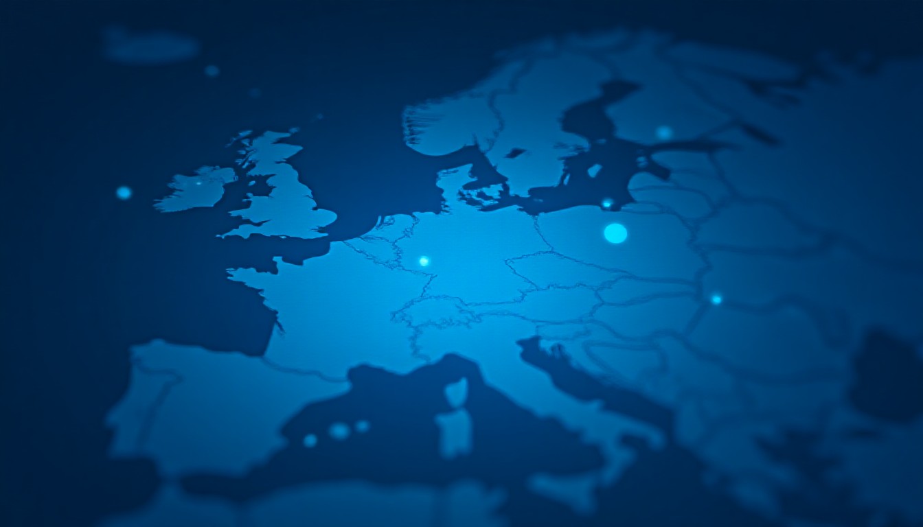Abstract geometric shapes suggesting missile trajectories, orbital paths, and data flows converging over a stylized European map silhouette