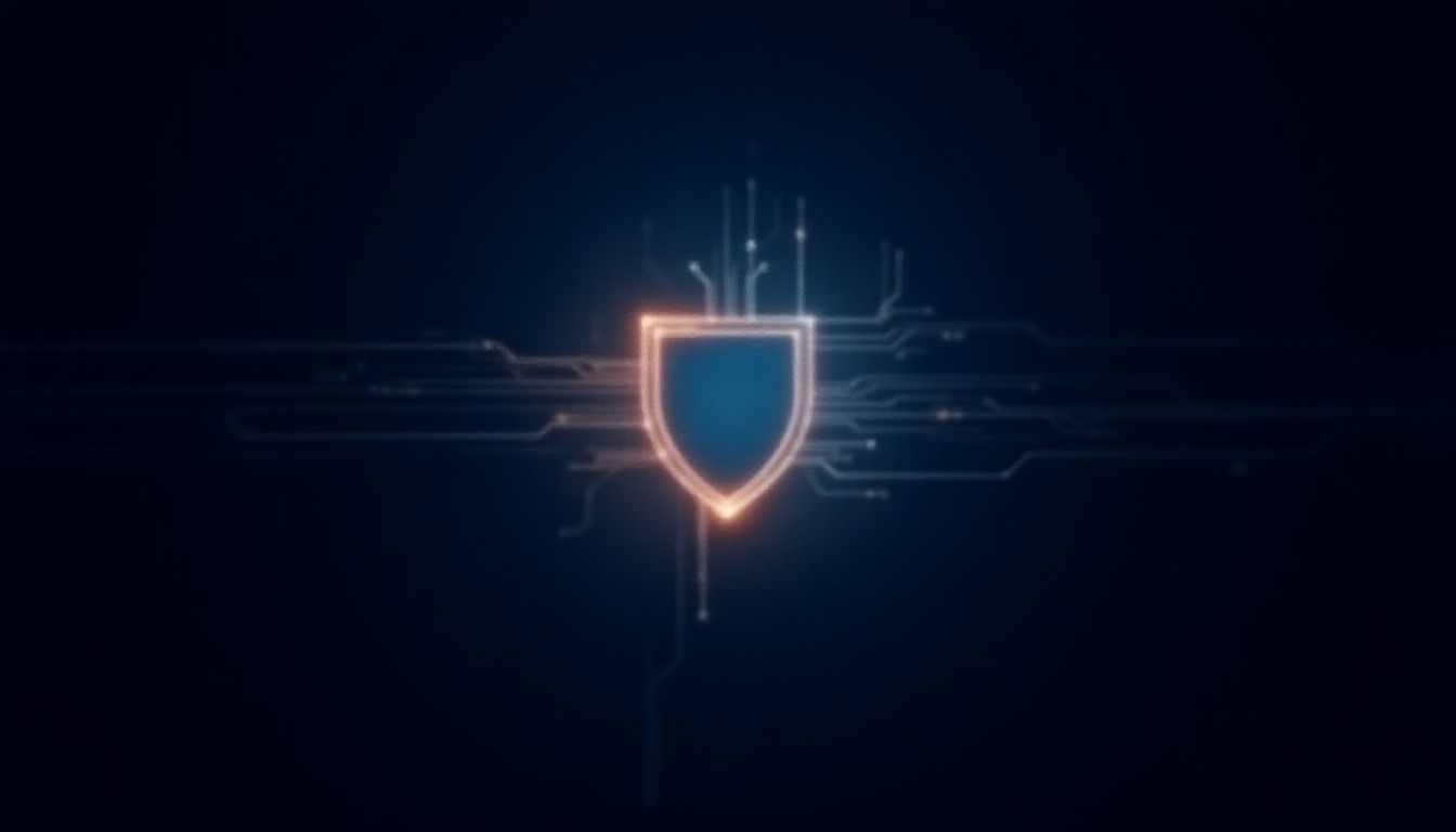 Abstract glowing circuit pathways converging on a shield shape, dark background, cool blue and amber tones