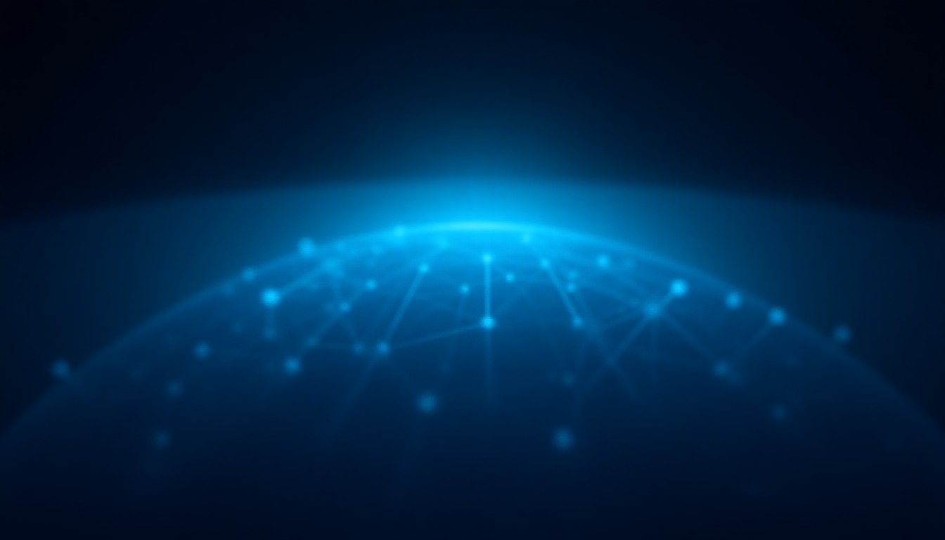 abstract network of glowing quantum nodes linked by satellite beams over a stylized globe