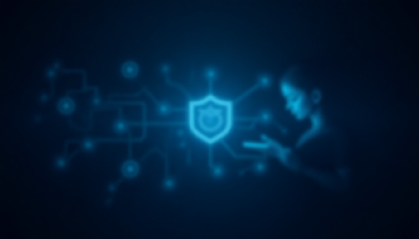 An abstract circuit board with glowing nodes connecting to a shield and a child's hand holding a tablet, symbolizing chip innovation, security, and youth protection
