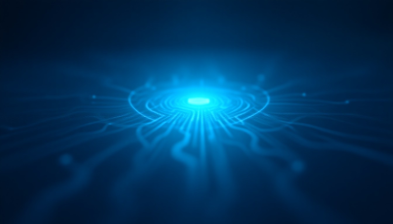 Abstract circuitry swirl with glowing chip, digital horizon, no people