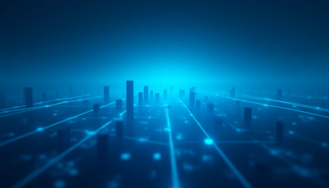 A stylized cityscape with glowing lines representing interconnected tech networks