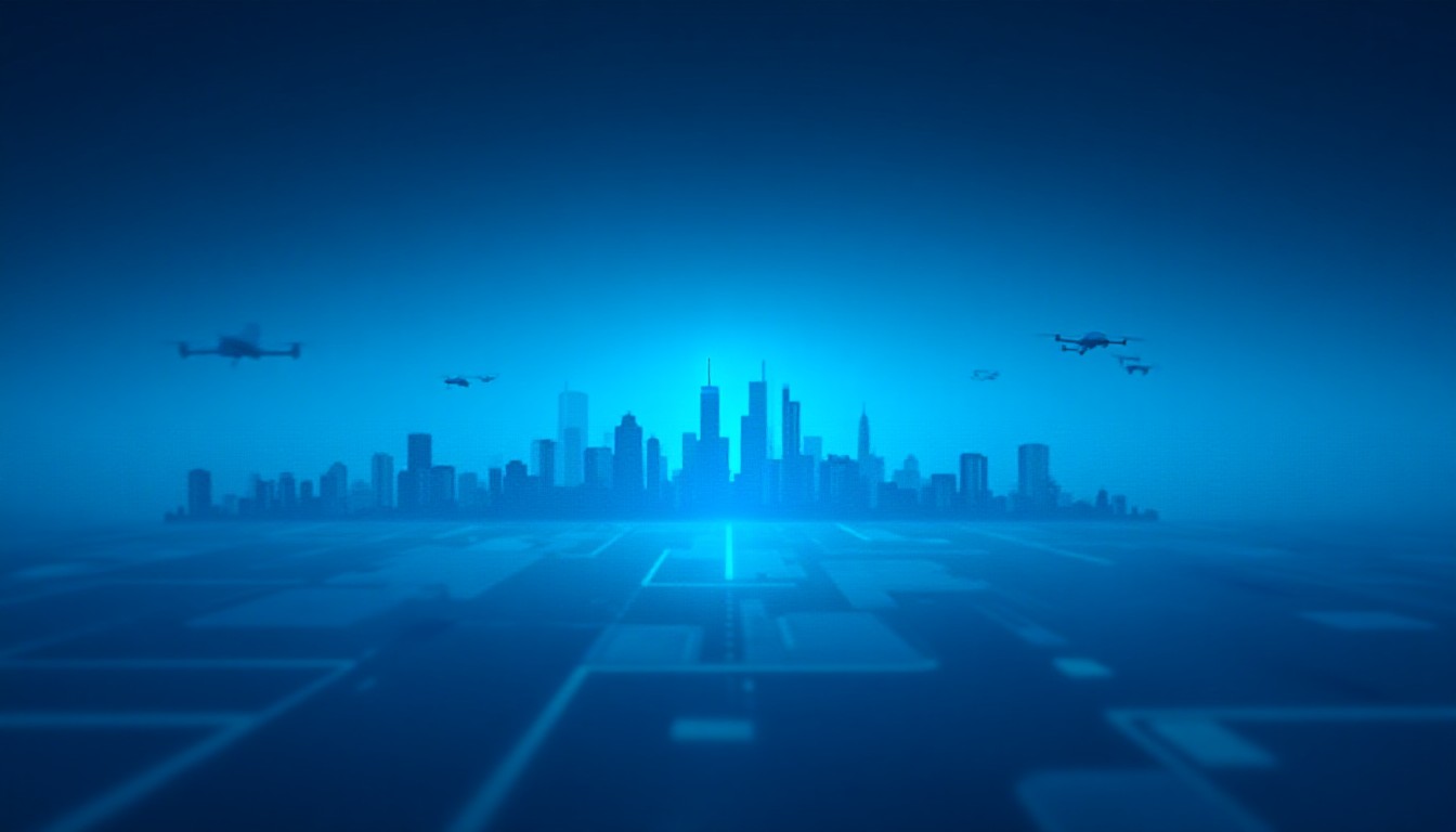 High‑tech skyline with silicon chips, drones, and cloud data streams.