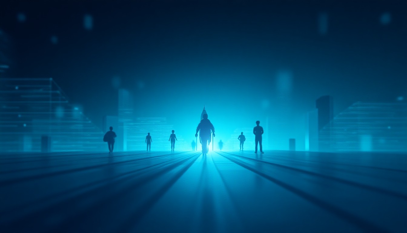 Abstract geometric shapes suggesting rocket trajectory, humanoid silhouettes in motion, and layered semiconductor structures merging into a digital horizon