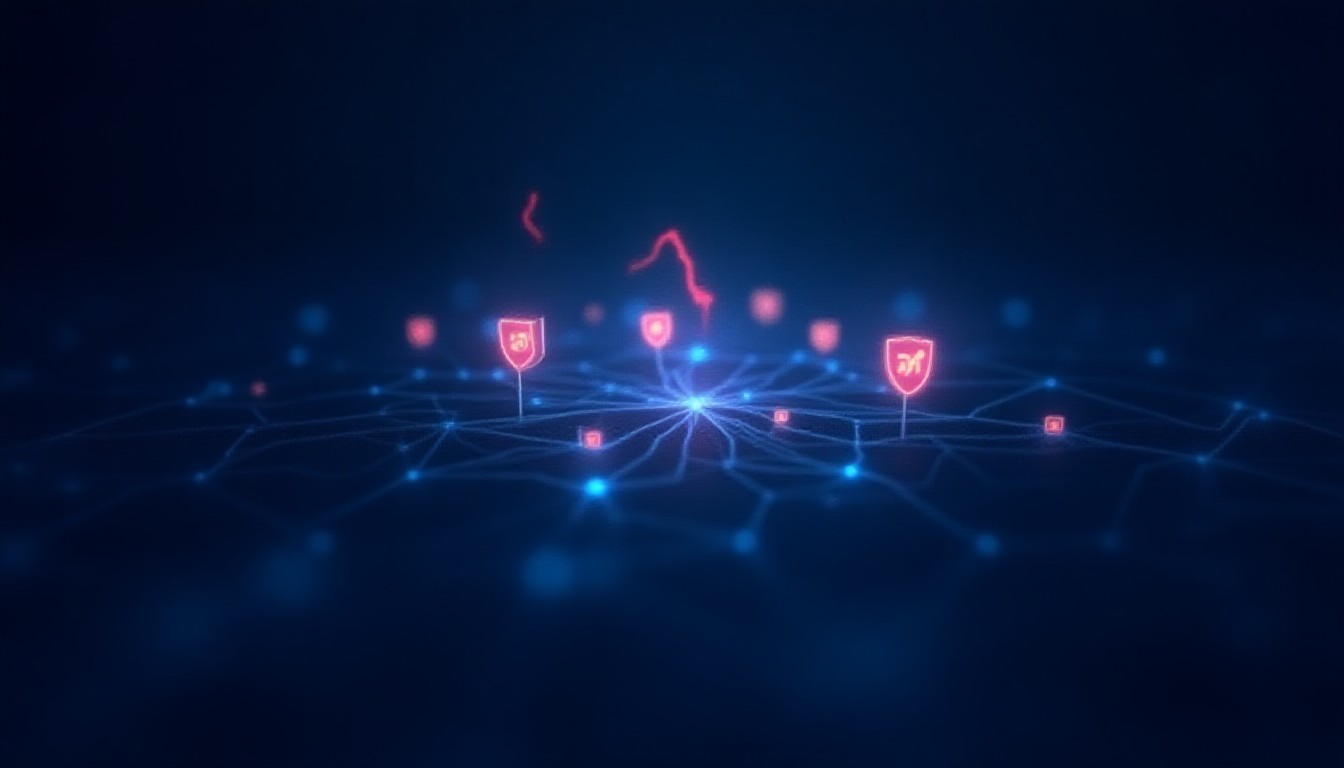 Abstract network nodes fracturing under red lightning bolts with shield icons cracking