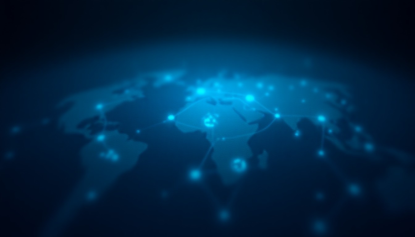 Abstract network of glowing nodes connecting finance, AI, and security icons over a dark globe
