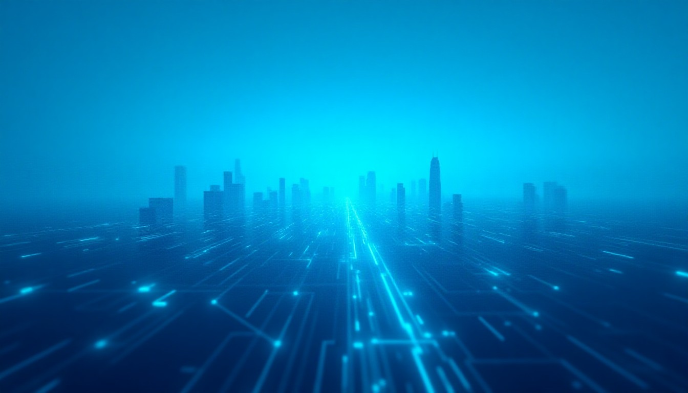 A city skyline at dusk with glowing data streams flowing through buildings