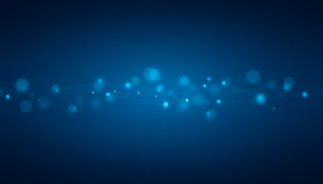 A stylized network of glowing nodes and code lines over a dark background