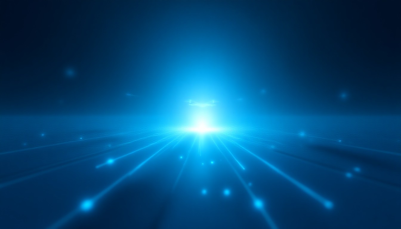 Abstract glowing circuit pathways converging toward a bright core, with faint drone silhouettes and orbital arcs above