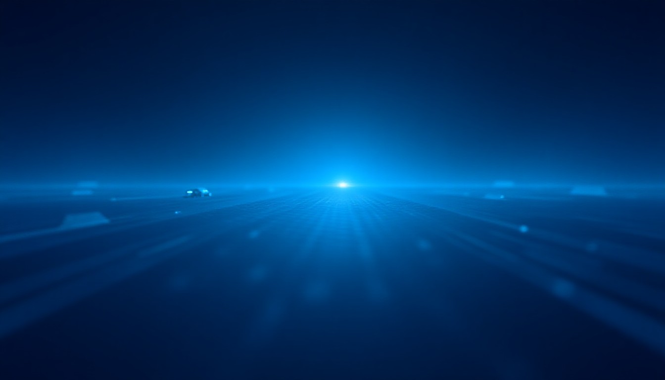 An abstract circuit pattern merging neural waves, data streams and vehicle silhouettes in soft blue and silver tones